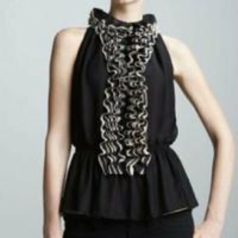‎Robert Rodriguez Chiffon Ruffle Halter Lace Blouse
